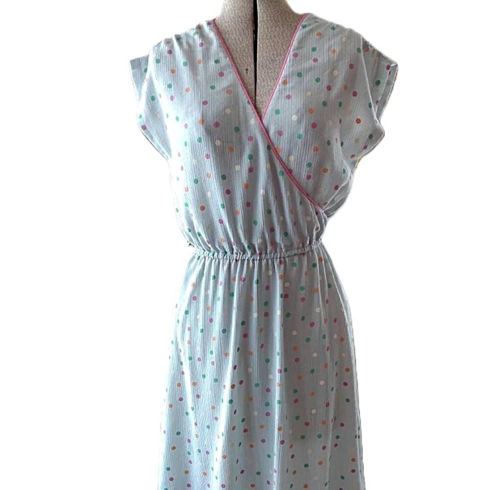 Vintage 80s Polka Dot Dress Gray Pink Green Orange White Crossover Bust